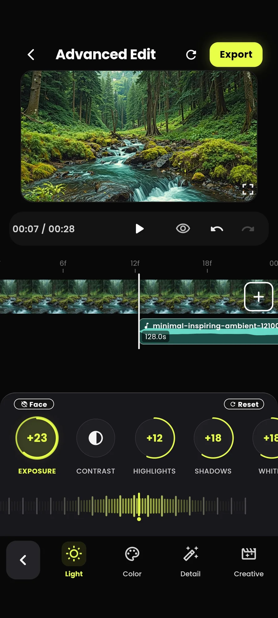 The Light tools open on a forest stream with dials for exposure, contrast, highlights and shadows